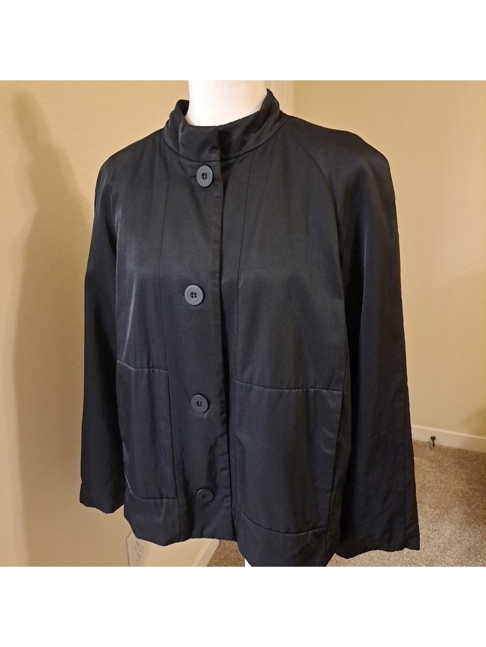 Eileen Fisher Jacket Womens Black Petite L Cotton Nylon Jacket Fleece Lined EUC